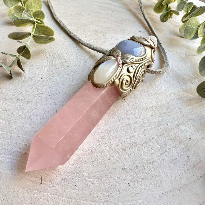 Natural gemstone crystal wand handcrafted with Angel Aura Spirit Quartz, Rose Quartz and Ruby.