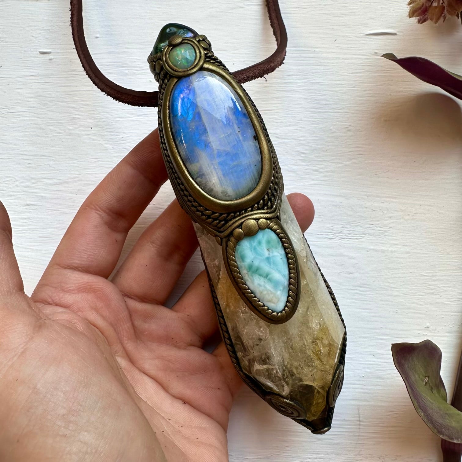 Citrine Moonstone Opal Larimar Aqua Aura Quartz and Blue Sapphire Crystal Wand / Pendant - FairyGardenGlow