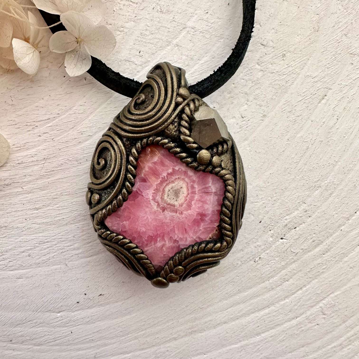 Rhodochrosite and Pyrite Pendant Necklace - FairyGardenGlow