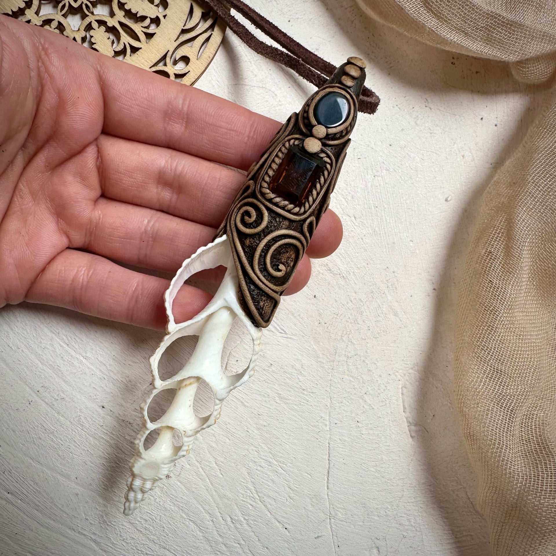 Smoky Citrine and Black Onyx Seashell Necklace - FairyGardenGlow