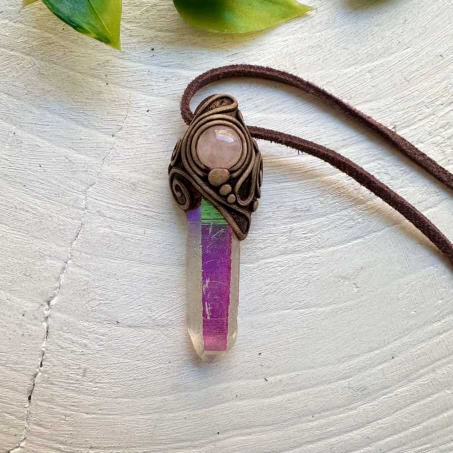 Angel Aura Quartz and Rose Quartz Necklace FairyGardenGlow