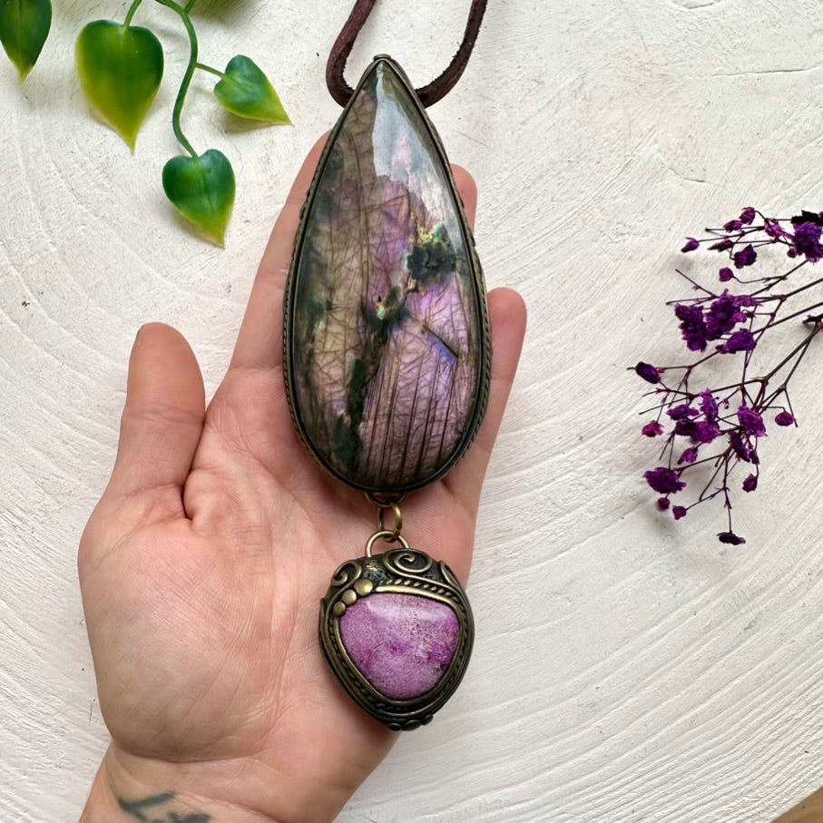 Large Labradorite and Stichtite Pendant Necklace, Statement Gemstone Jewelry FairyGardenGlow