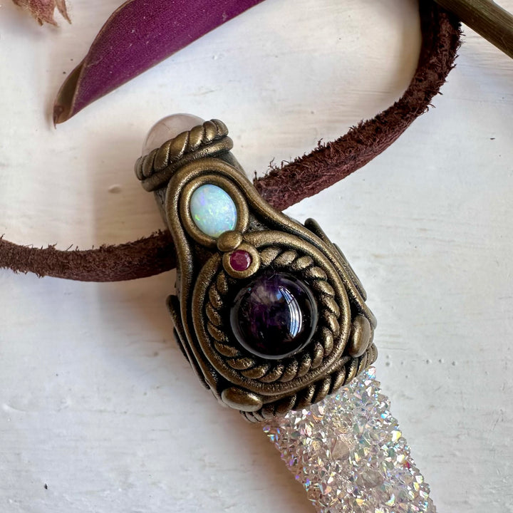 Angel Aura Spirit Quartz Morganite Amethyst Australian Opal and Ruby Pendant Necklace - FairyGardenGlow