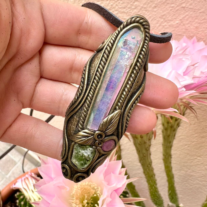 Angel Aura Quartz Raw Peridot and Ruby Necklace - FairyGardenGlow