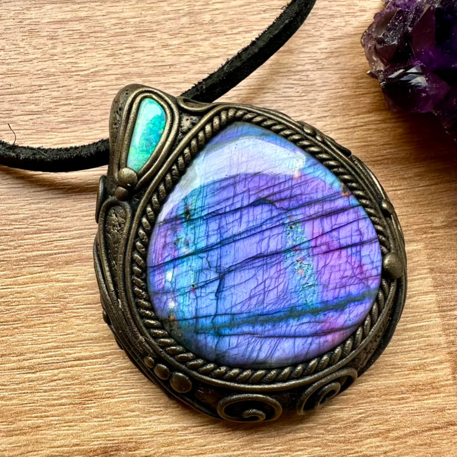 Large Purple Labradorite and Australian Opal Necklace, Unique Crystal Pendant - FairyGardenGlow