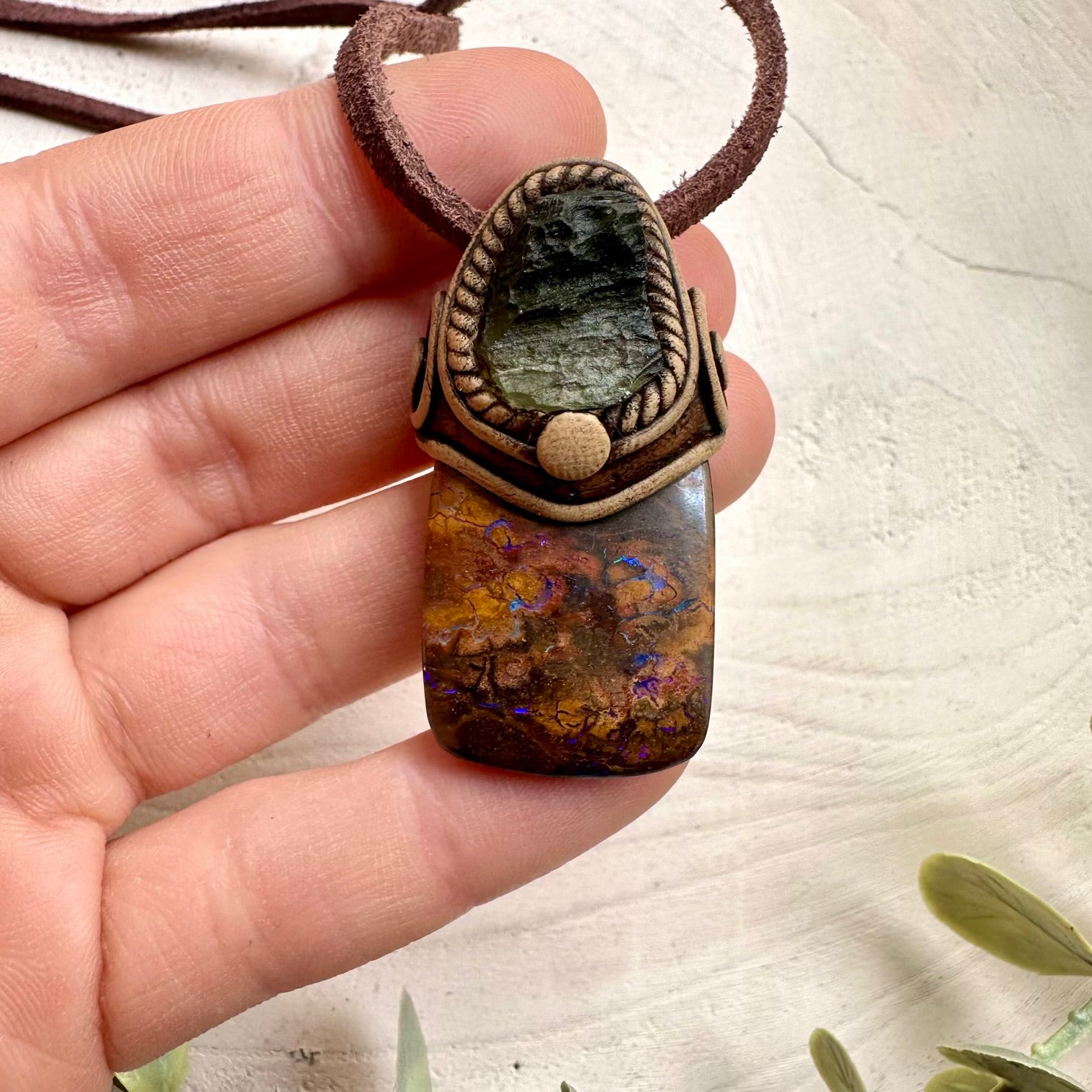 Boulder Opal and Raw Moldavite Necklace, One of a kind Jewelry