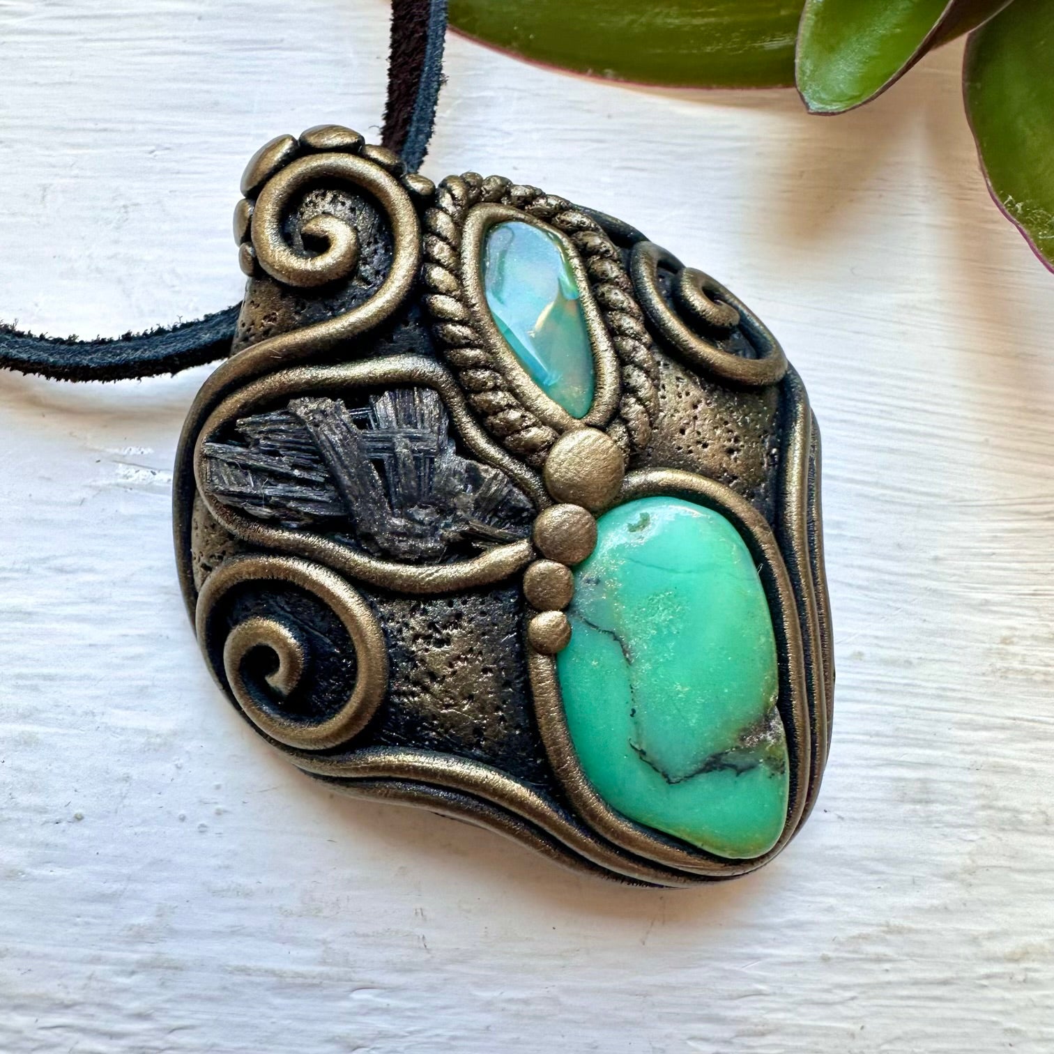 Chrysoprase Black Kyanite and Green Opal Pendant Necklace, Handmade Crystal Necklace - FairyGardenGlow