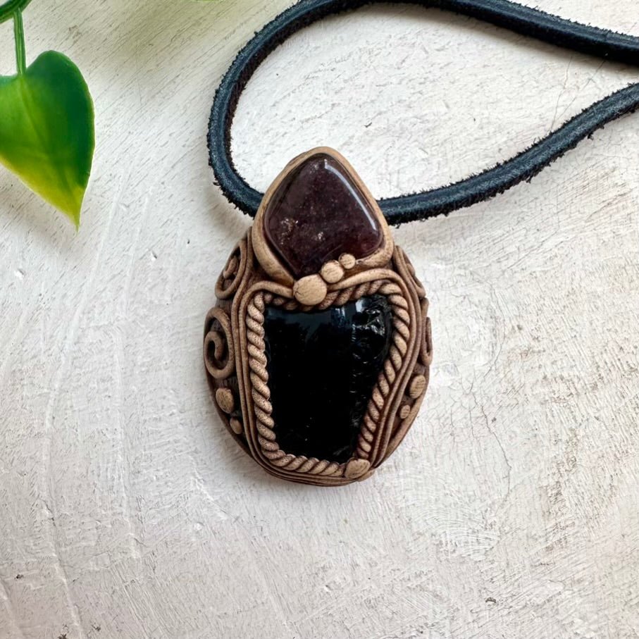 Black Obsidian and Strawberry Quartz Necklace FairyGardenGlow