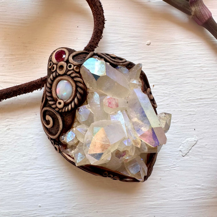 Angel Aura Quartz Cluster Australian Opal and Ruby Pendant Necklace - FairyGardenGlow