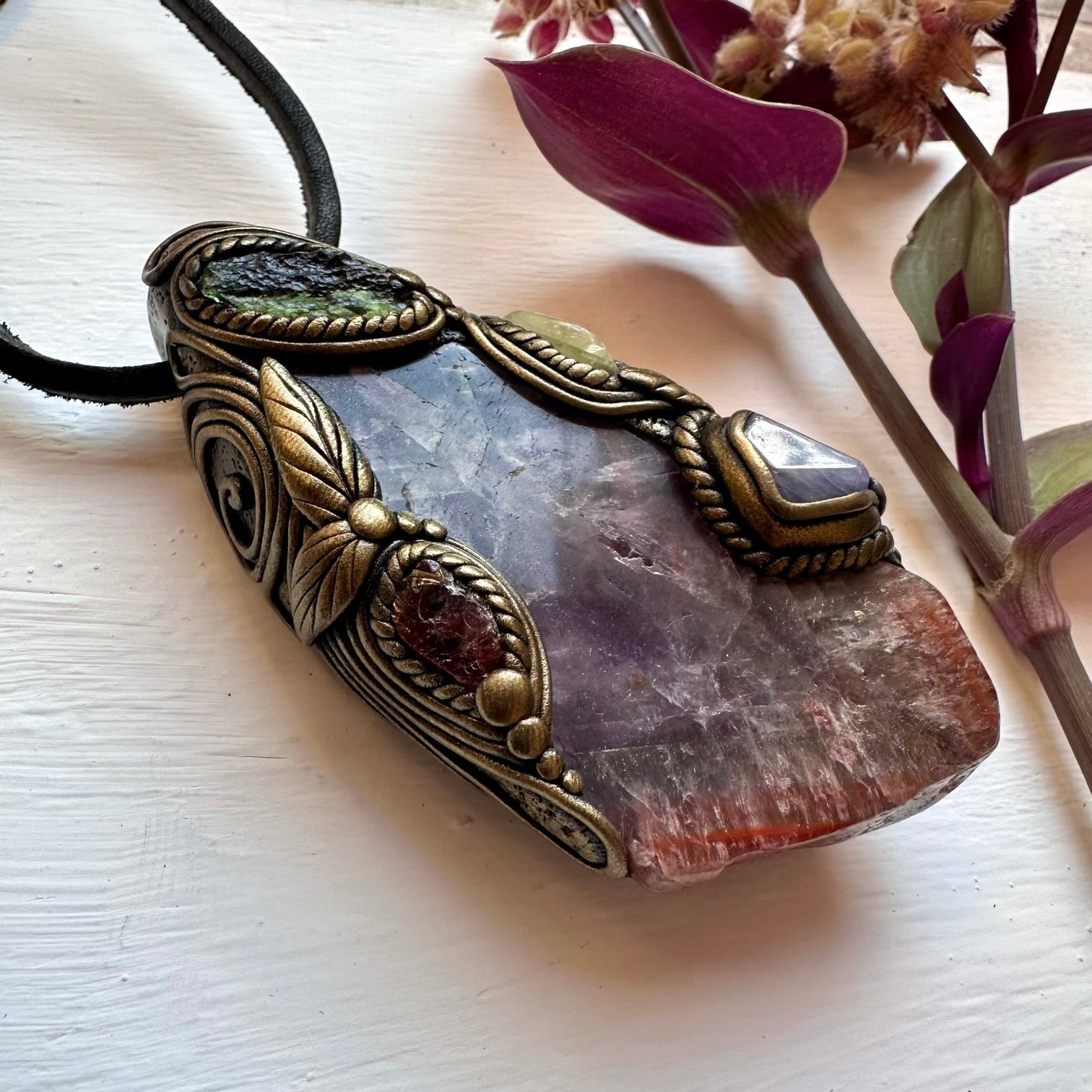 Super Seven Quartz Moldavite Tanzanite Red Garnet and Brazilianite Wand / Pendant - FairyGardenGlow