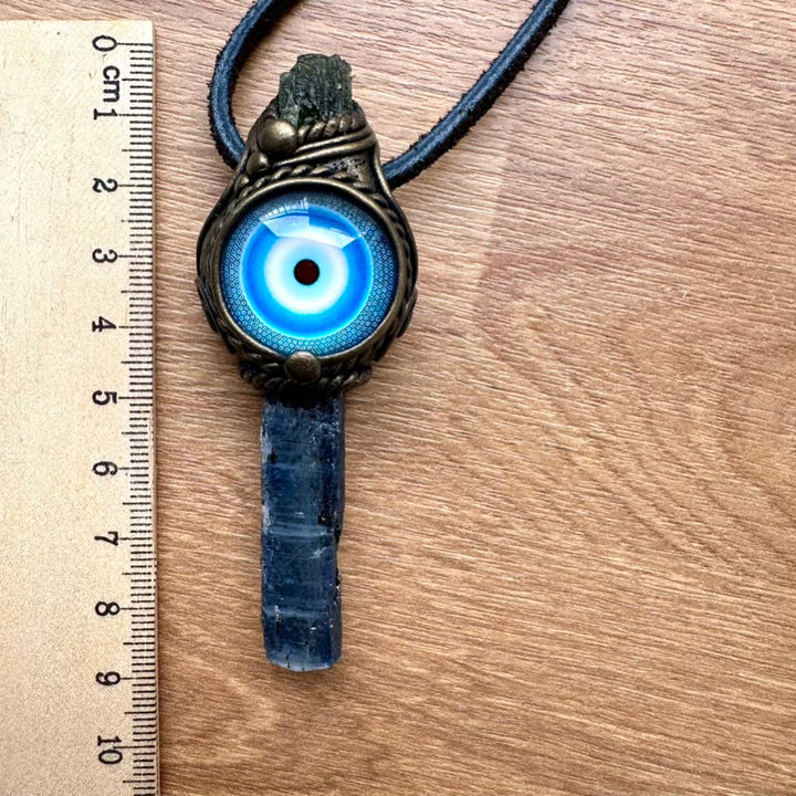 Blue Kyanite and Moldavite Evil Eye Protection Amulet, Handmade Crystal Necklace - FairyGardenGlow