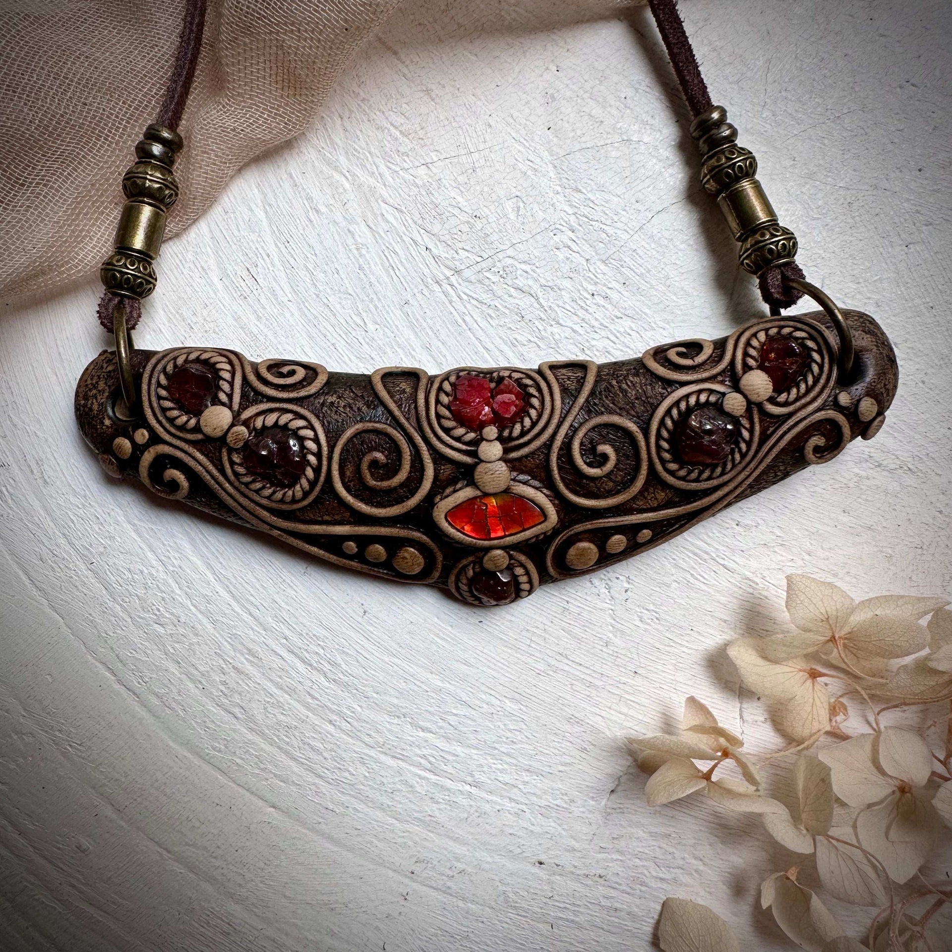 Ammolite Vanadinite and Hessonite Garnet Statement Necklace - FairyGardenGlow
