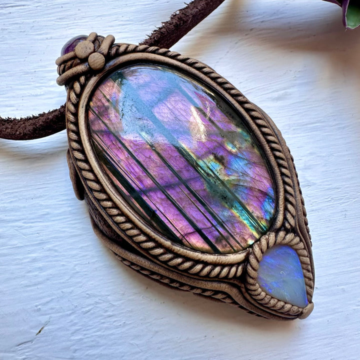 Purple Labradorite Amethyst and Australian Opal Necklace - FairyGardenGlow