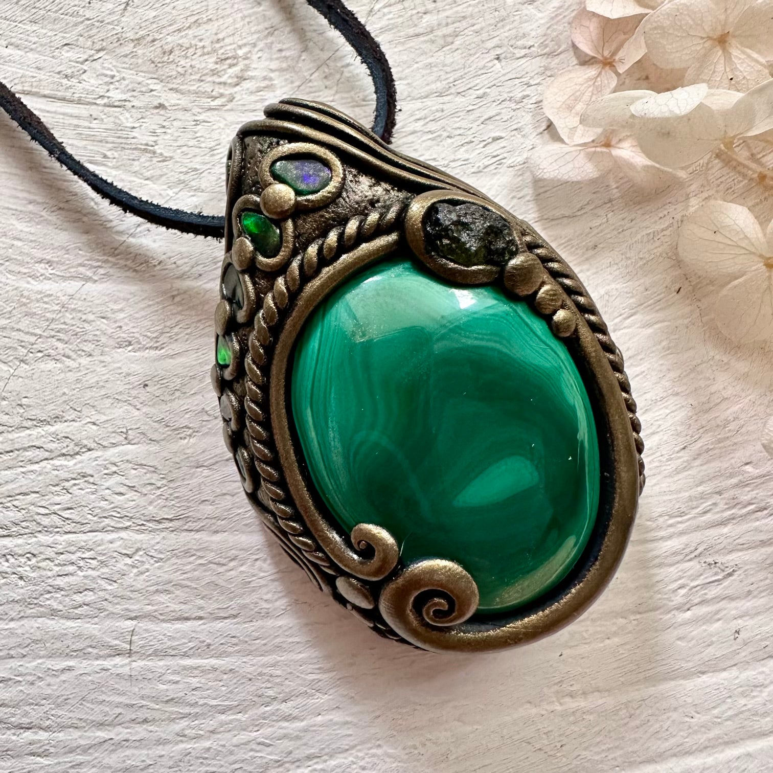 Malachite Moldavite and Black Opal Pendant - FairyGardenGlow