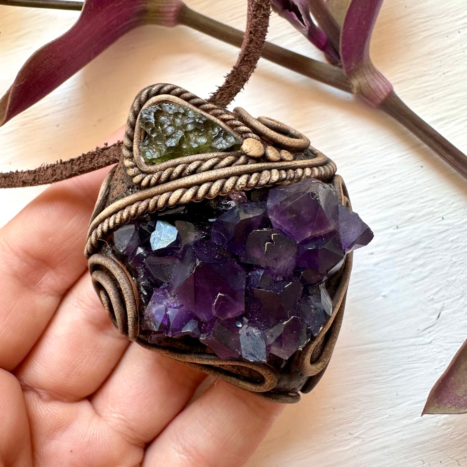 Amethyst Cluster and Moldavite Pendant Necklace - FairyGardenGlow