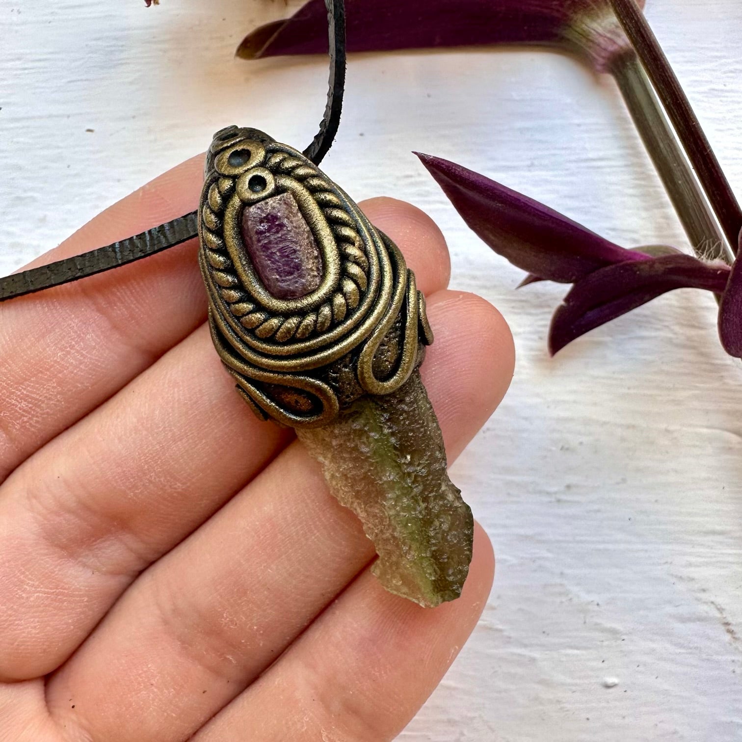 Genuine Raw Moldavite and Ruby Necklace - FairyGardenGlow