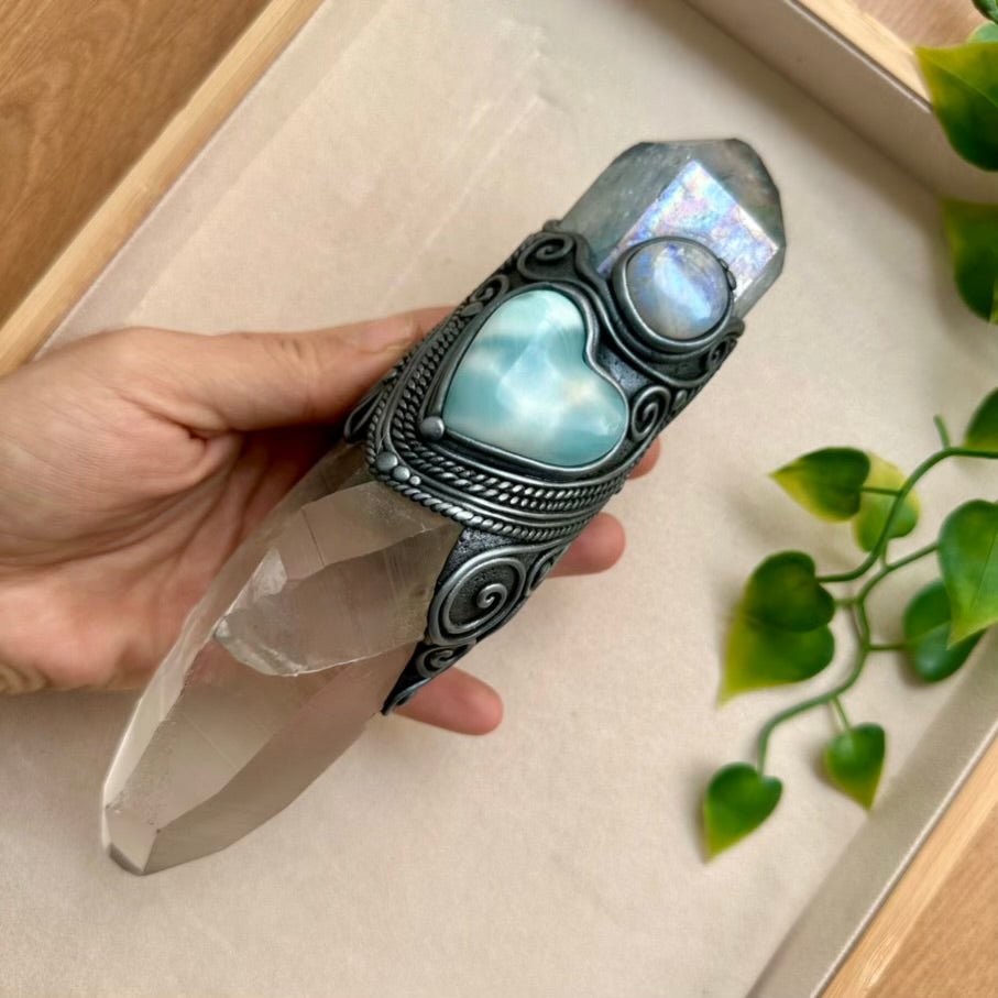 Large Healing Crystal Wand with Lemurian Seed Quartz, Aqua Aura Quartz, Larimar Heart and Rainbow Moonstone FairyGardenGlow