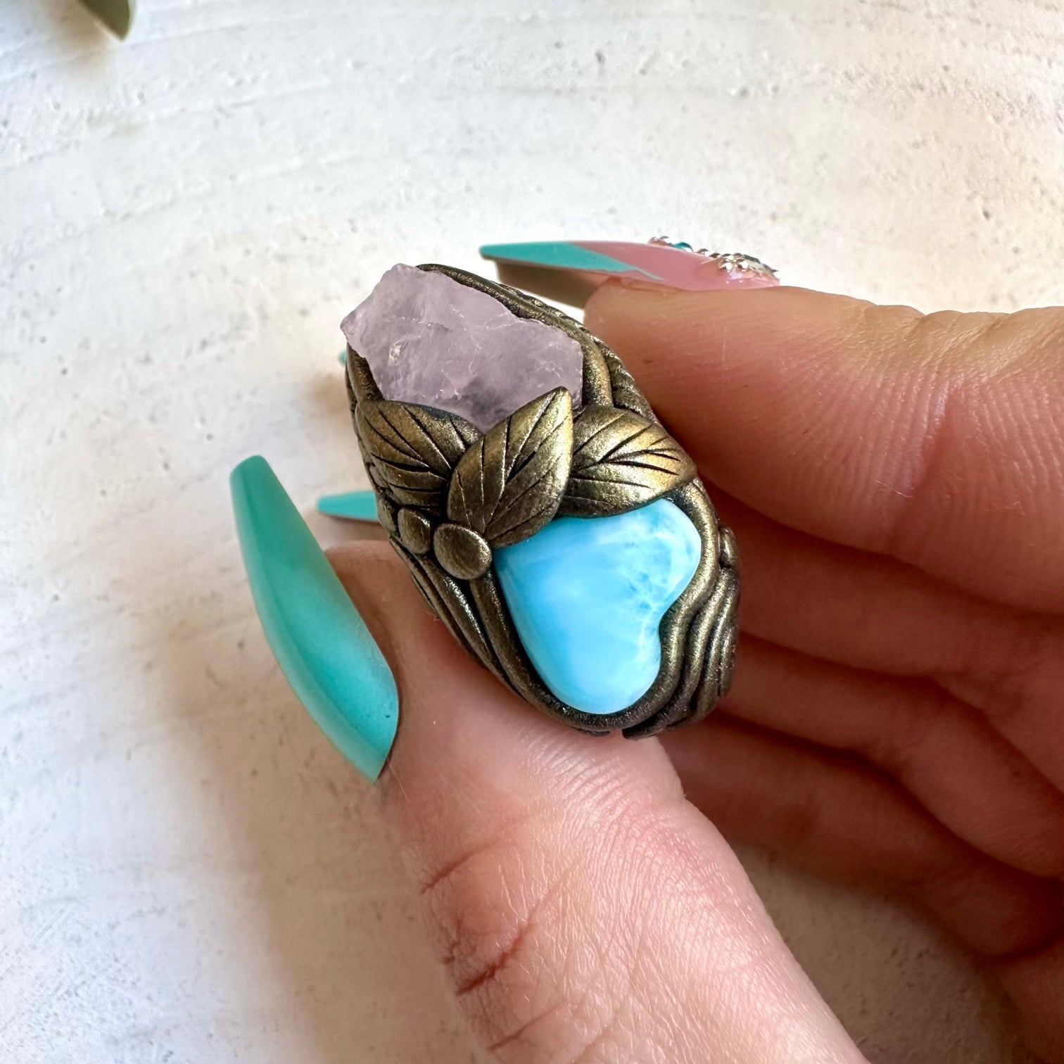 Energy crystal ring with larimar and rose quartz