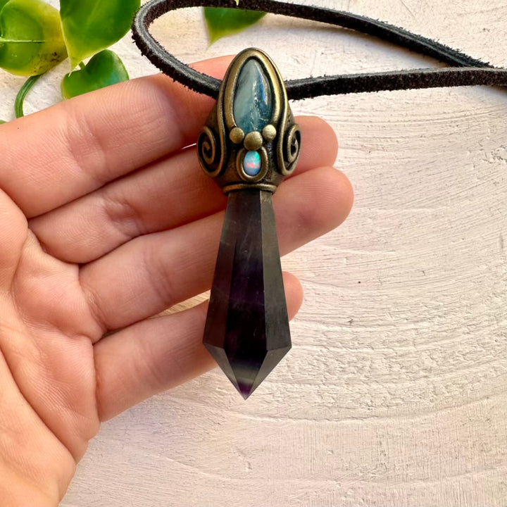Healing crystal necklace with Fluorite, Aquamarine and Opal