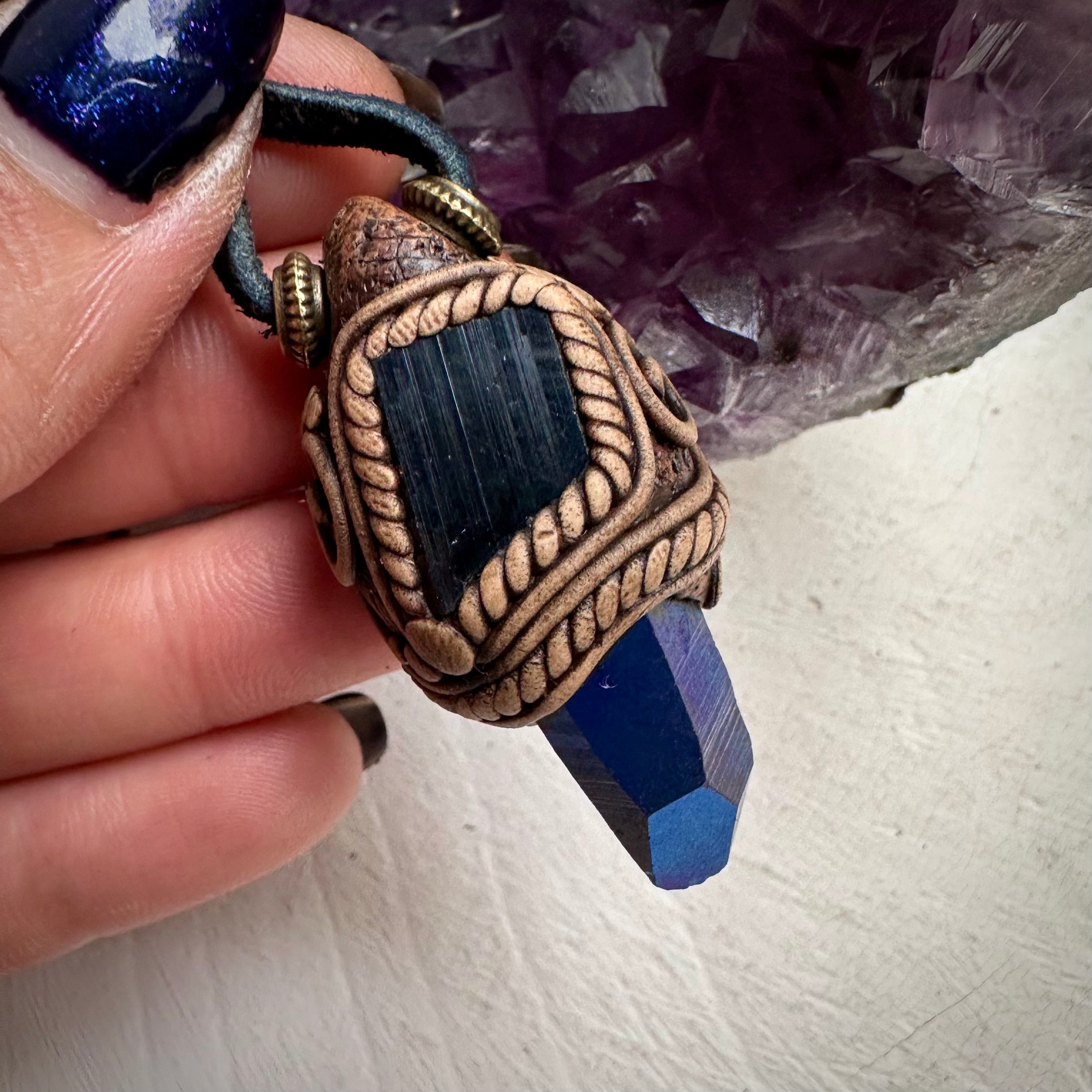 Cobalt Aura Quartz and Black Tourmaline Pendant Necklace - FairyGardenGlow