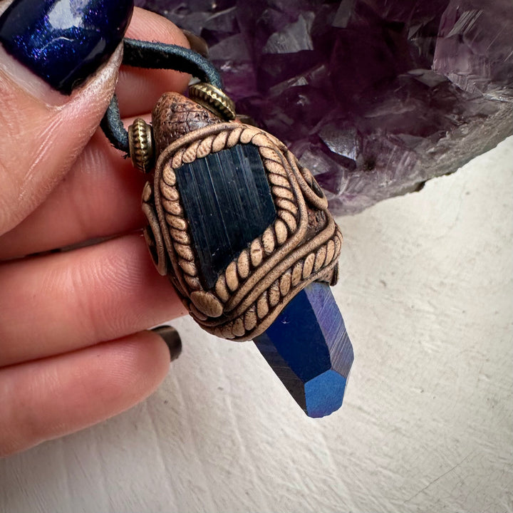 Cobalt Aura Quartz and Black Tourmaline Pendant Necklace - FairyGardenGlow