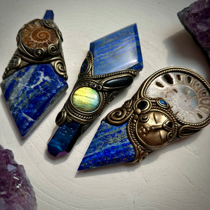 Lapis Lazuli Ammonite Smoky Quartz Black Onyx and Australian Black Opal Goddess Wand - FairyGardenGlow