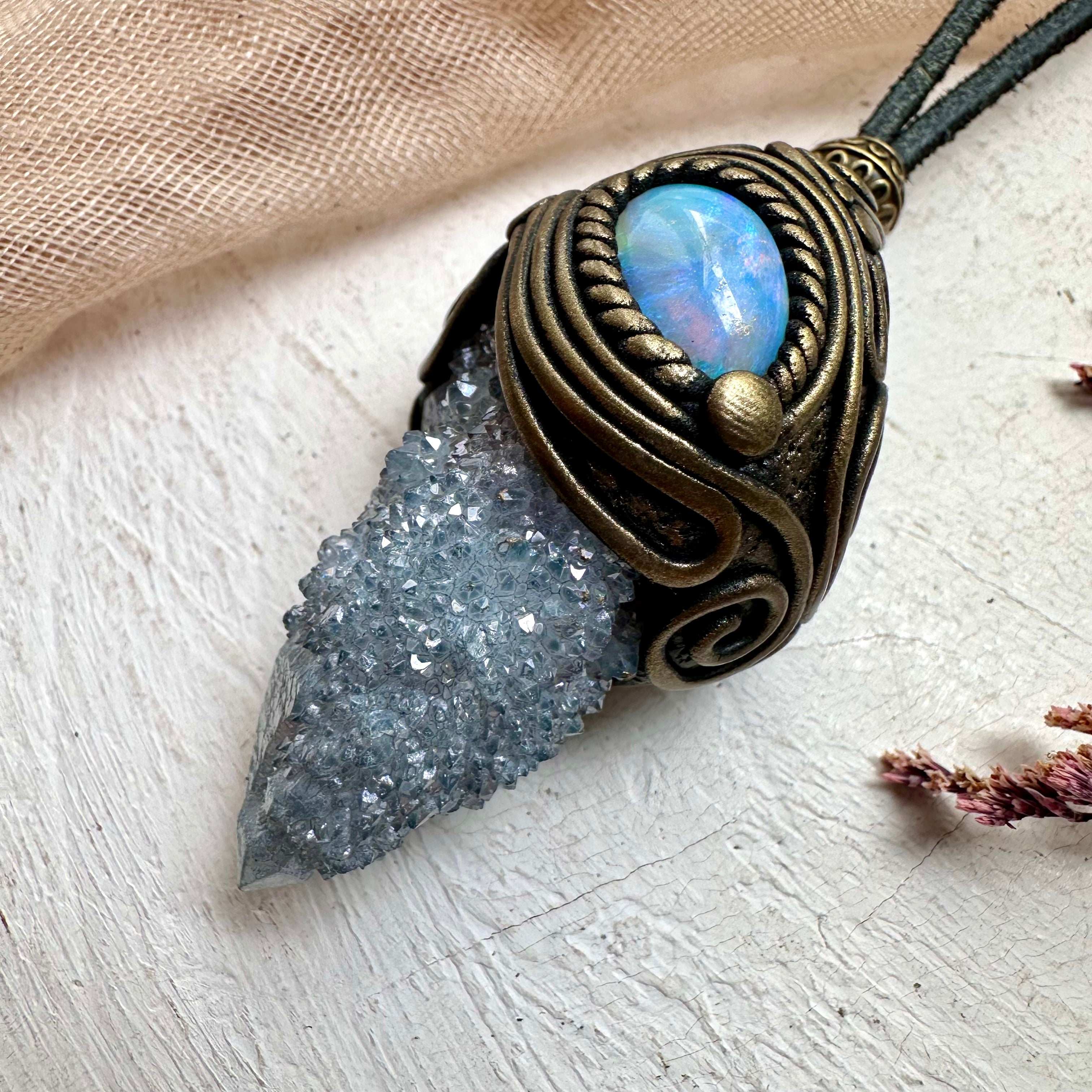 Aqua Aura Spirit Quartz and Australian Opal Necklace - FairyGardenGlow