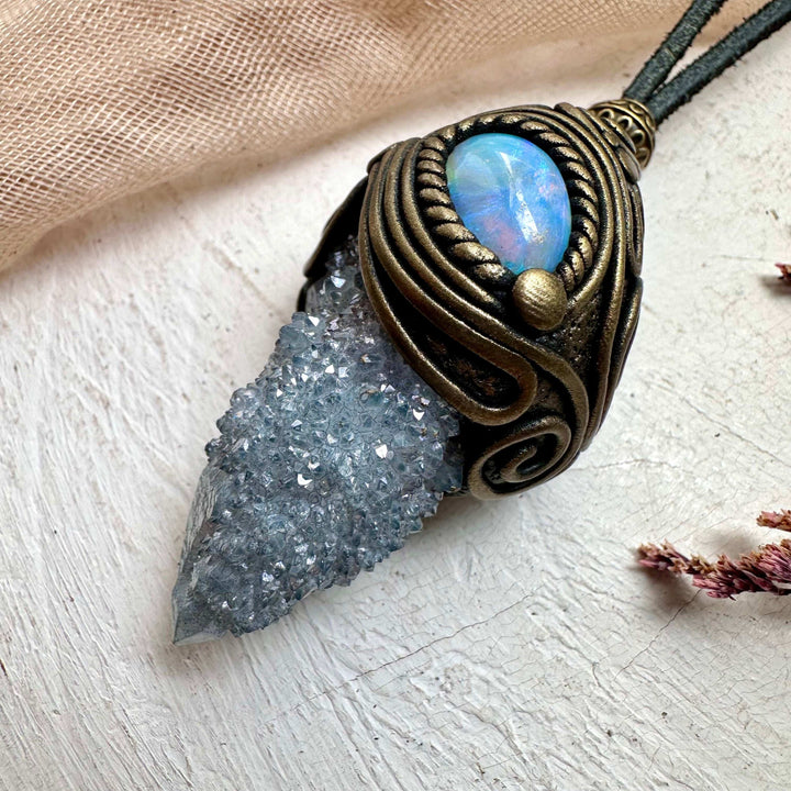 Aqua Aura Spirit Quartz and Australian Opal Necklace - FairyGardenGlow