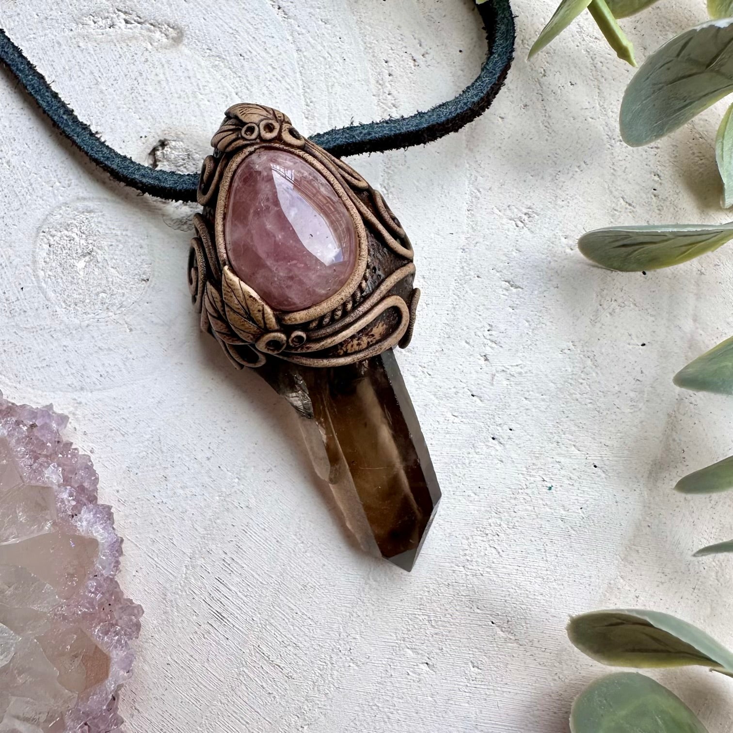 Smoky quartz and lavender quartz unisex spiritual jewelry