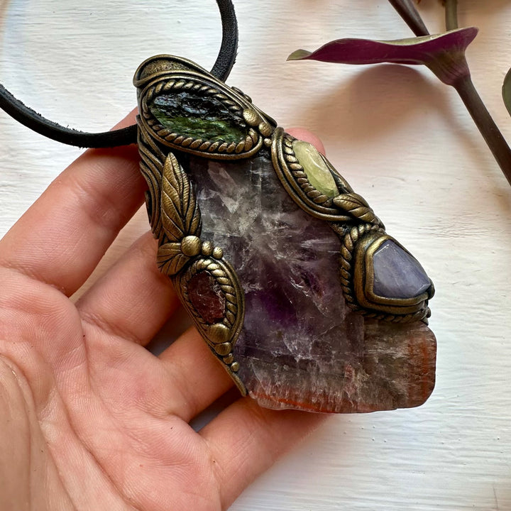 Super Seven Quartz Moldavite Tanzanite Red Garnet and Brazilianite Wand / Pendant - FairyGardenGlow