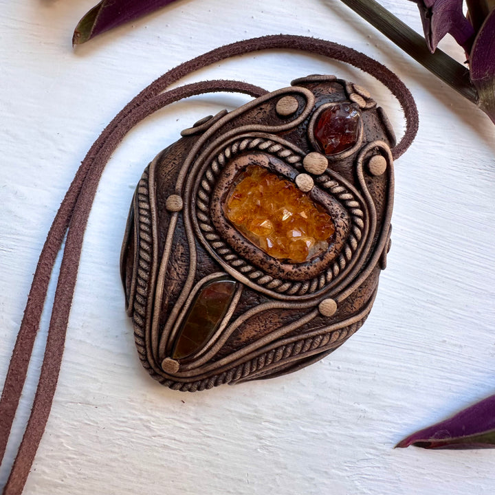 Citrine Cluster Ammolite and Hessonite Garnet Necklace - FairyGardenGlow