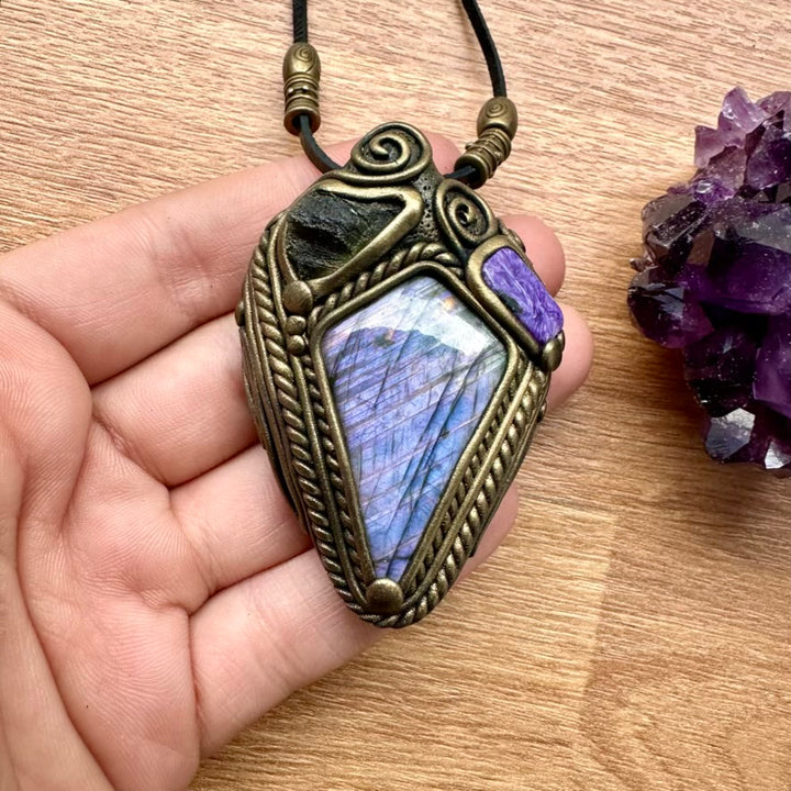 Purple Labradorite Moldavite and Charoite Necklace - FairyGardenGlow