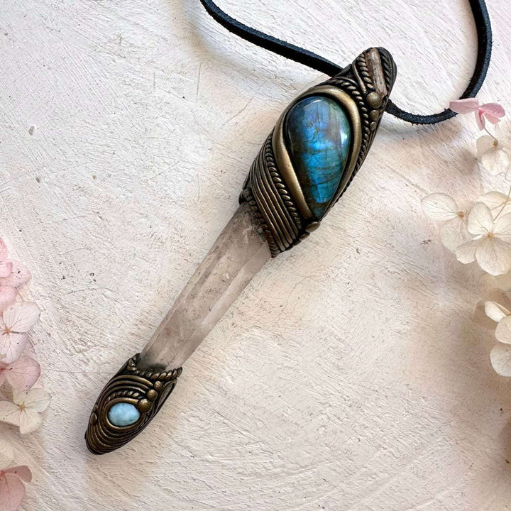 Lemurian Seed Quartz Labradorite Larimar and Imperial Topaz Crystal Wand / Pendant - FairyGardenGlow