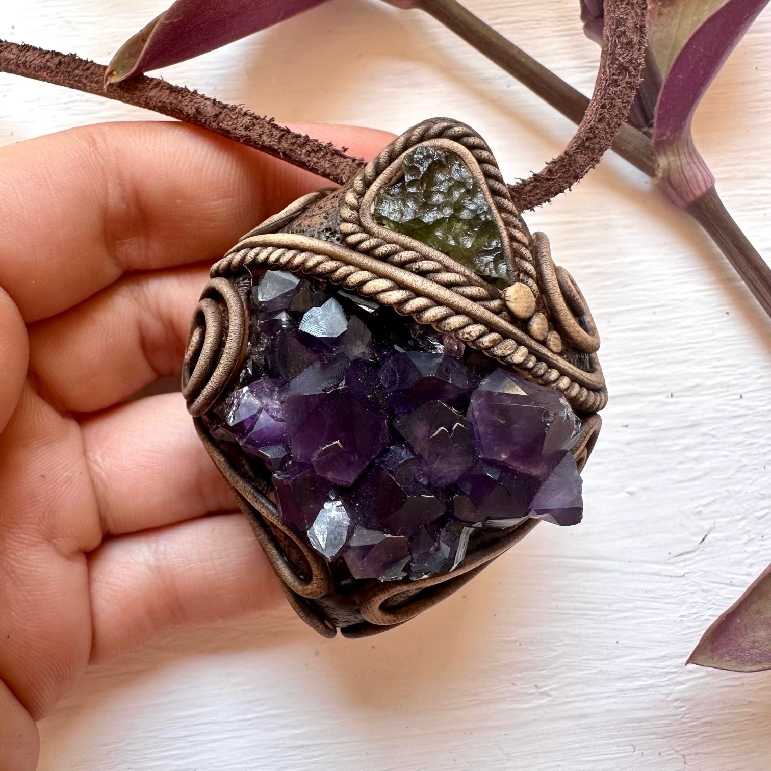 Amethyst Cluster and Moldavite Pendant Necklace - FairyGardenGlow