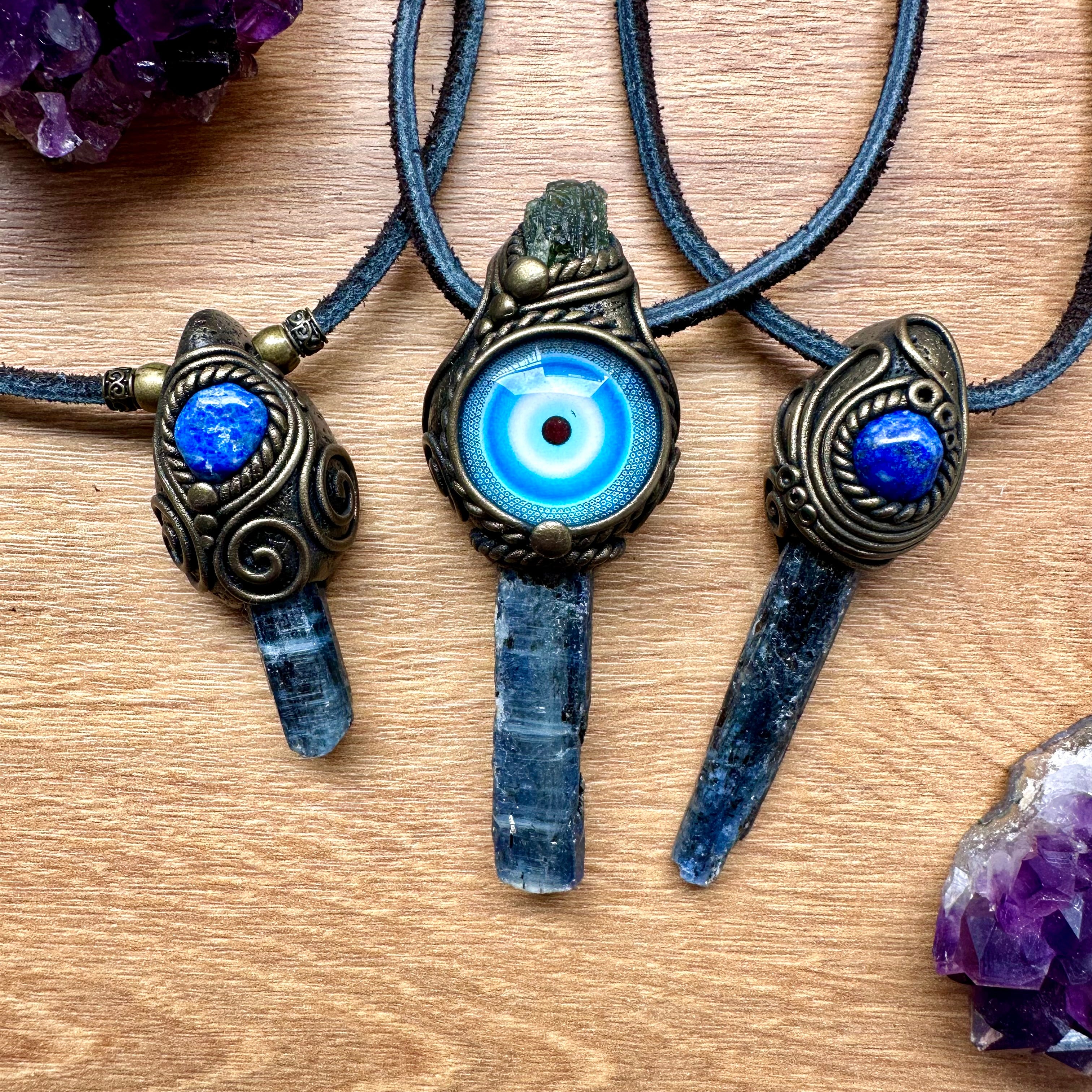 Blue Kyanite and Moldavite Evil Eye Protection Amulet, Handmade Crystal Necklace - FairyGardenGlow