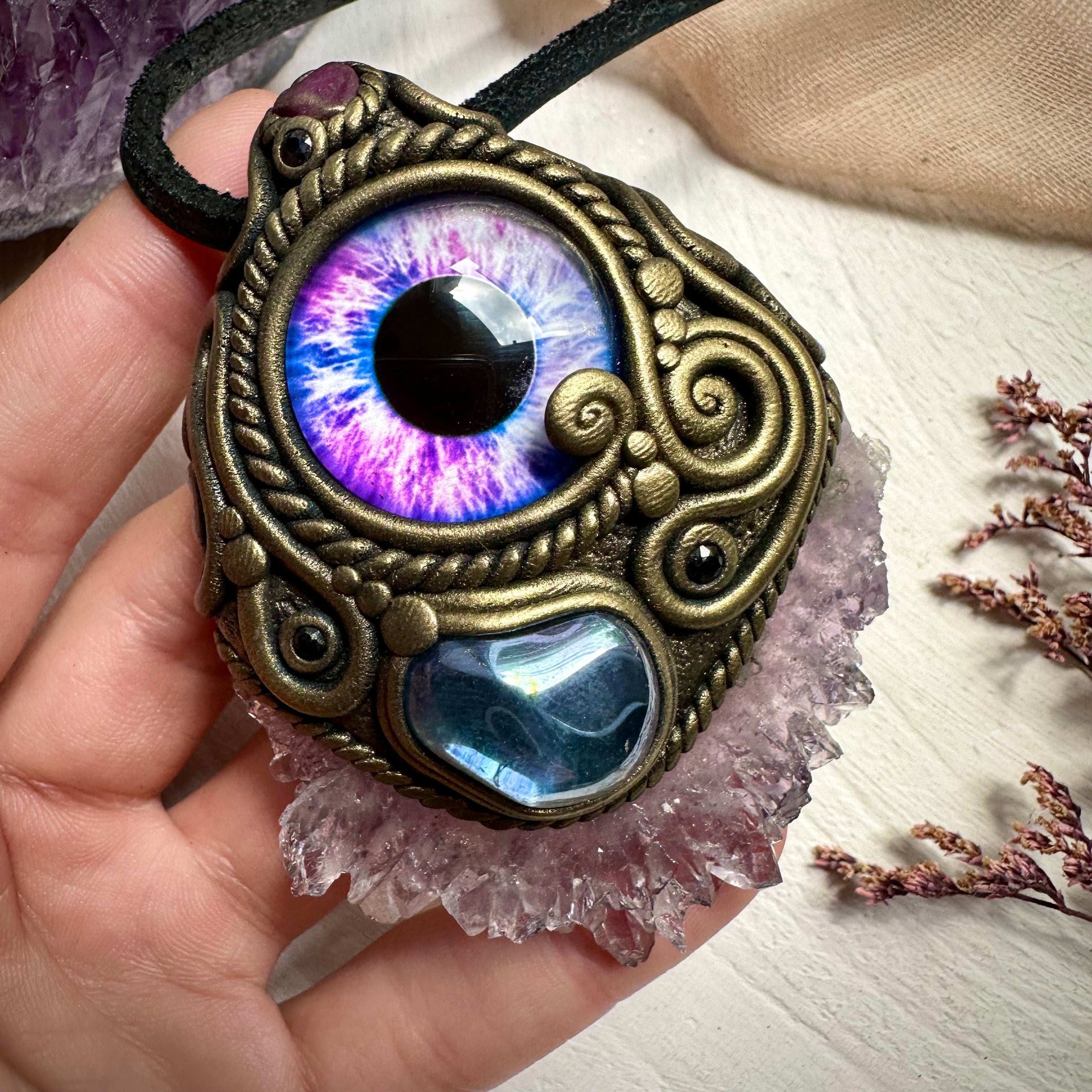 Amethyst Stalactite Aqua Aura Quartz Ruby and Blue Sapphire Eye Necklace - FairyGardenGlow