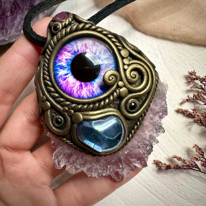 Amethyst Stalactite Aqua Aura Quartz Ruby and Blue Sapphire Eye Necklace - FairyGardenGlow