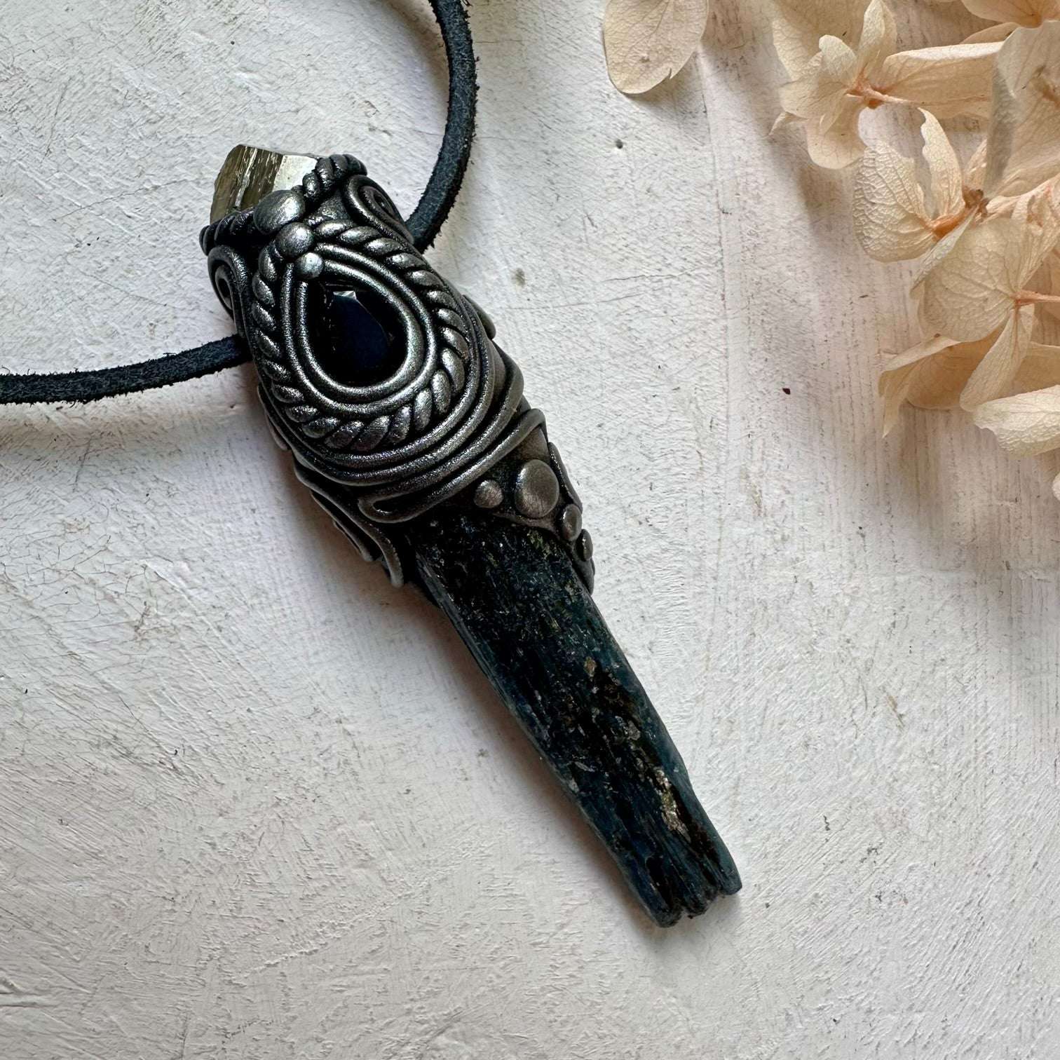 Blue Kyanite Pyrite and Smoky Quartz Small Wand / Pendant - FairyGardenGlow