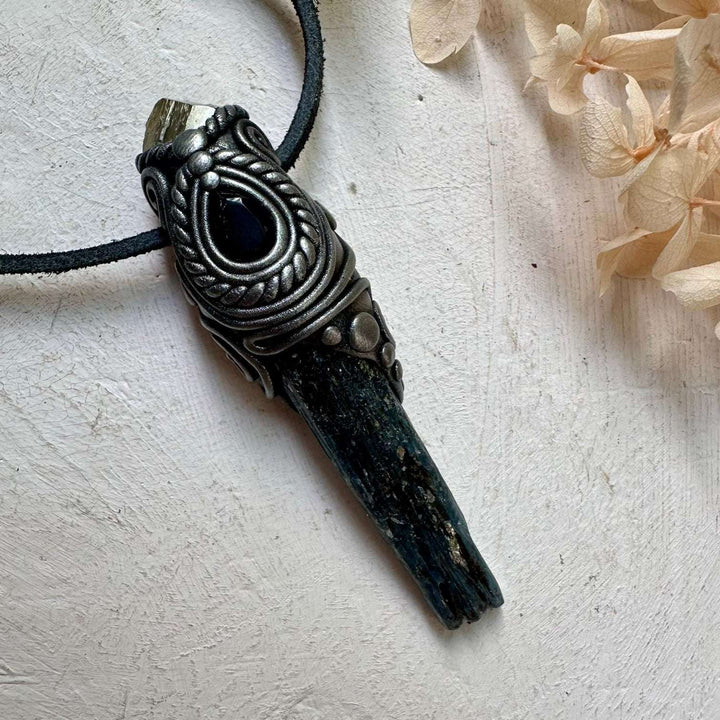 Blue Kyanite Pyrite and Smoky Quartz Small Wand / Pendant - FairyGardenGlow