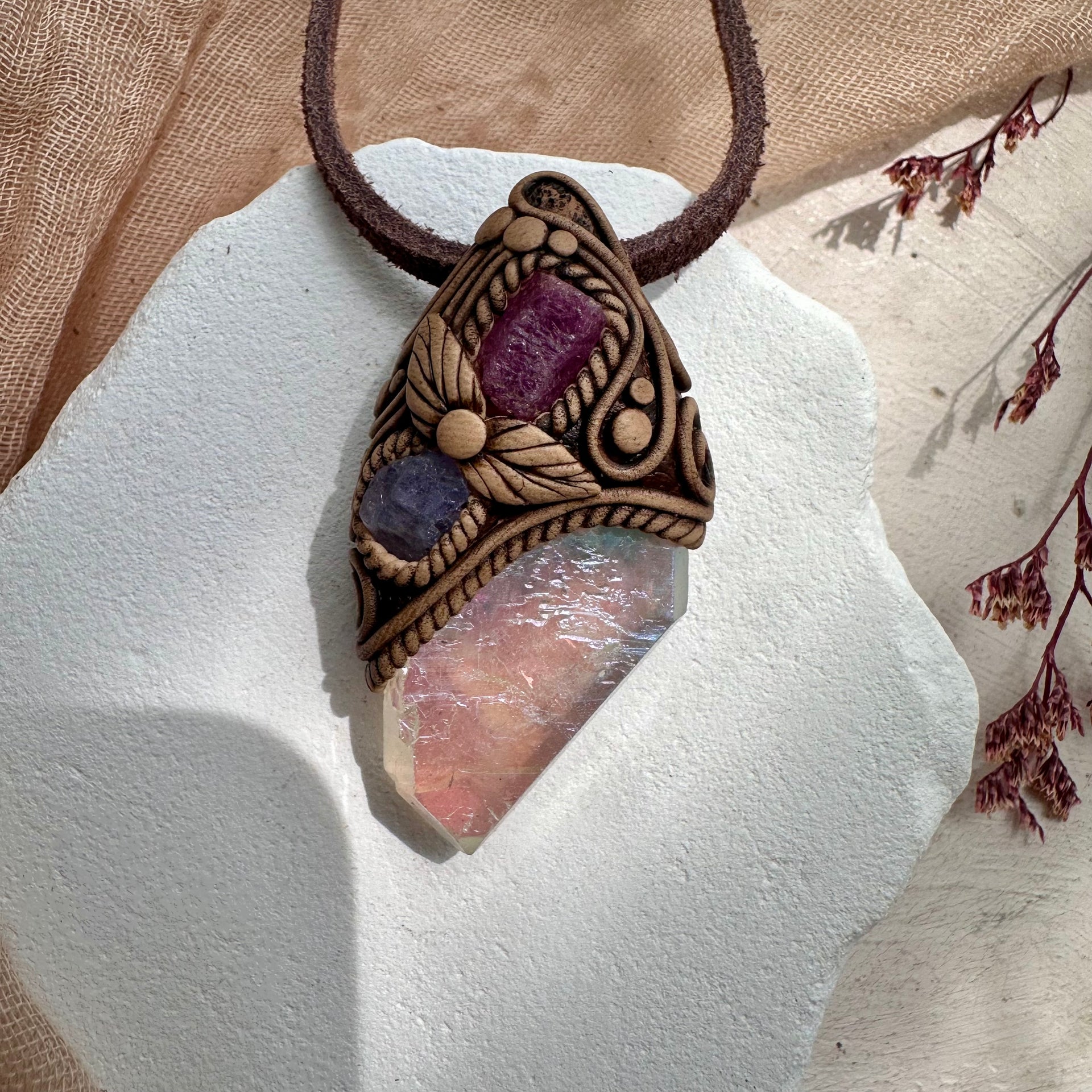 Angel Aura Quartz Ruby and Tanzanite Pendant