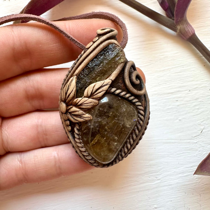 Moldavite and Citrine Pendant Necklace - FairyGardenGlow