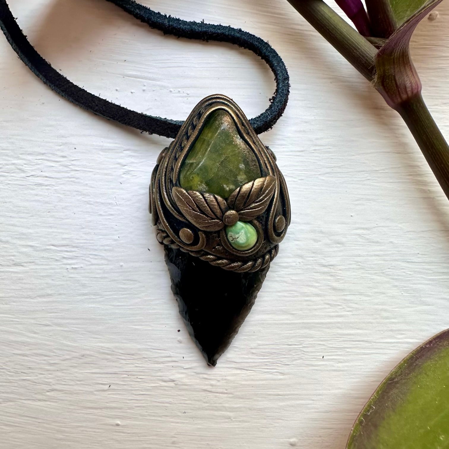 Black Obsidian Arrowhead Vesuvianite and Tibetan Turquoise Pendant - FairyGardenGlow