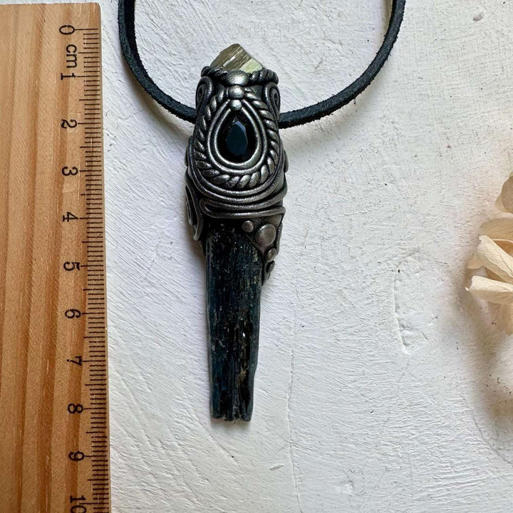 Blue Kyanite Pyrite and Smoky Quartz Small Wand / Pendant - FairyGardenGlow