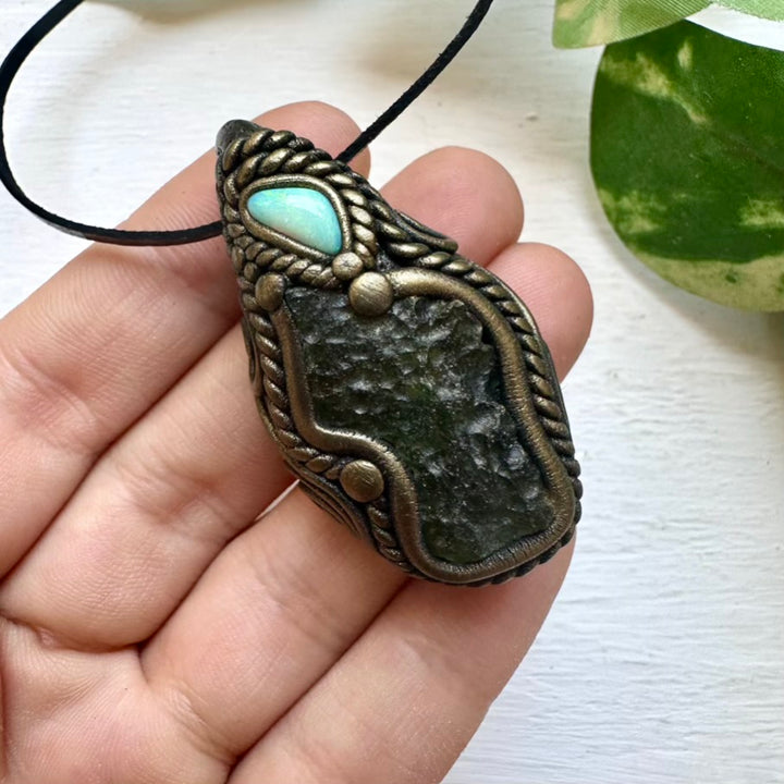 Moldavite and Australian Opal Necklace - FairyGardenGlow