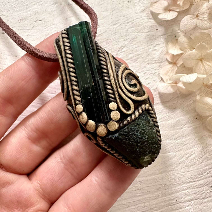 Green Tourmaline and Moldavite Pendant Necklace - FairyGardenGlow