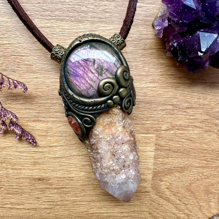 Spirit Quartz Purple Labradorite Sunstone and Rhodochrosite Healing Crystal Talisman / Handmade Crystal Wand-Pendant - FairyGardenGlow