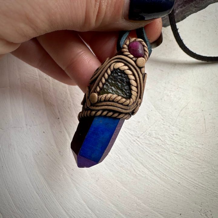 Cobalt Aura Quartz Moldavite and Ruby Pendant Necklace - FairyGardenGlow