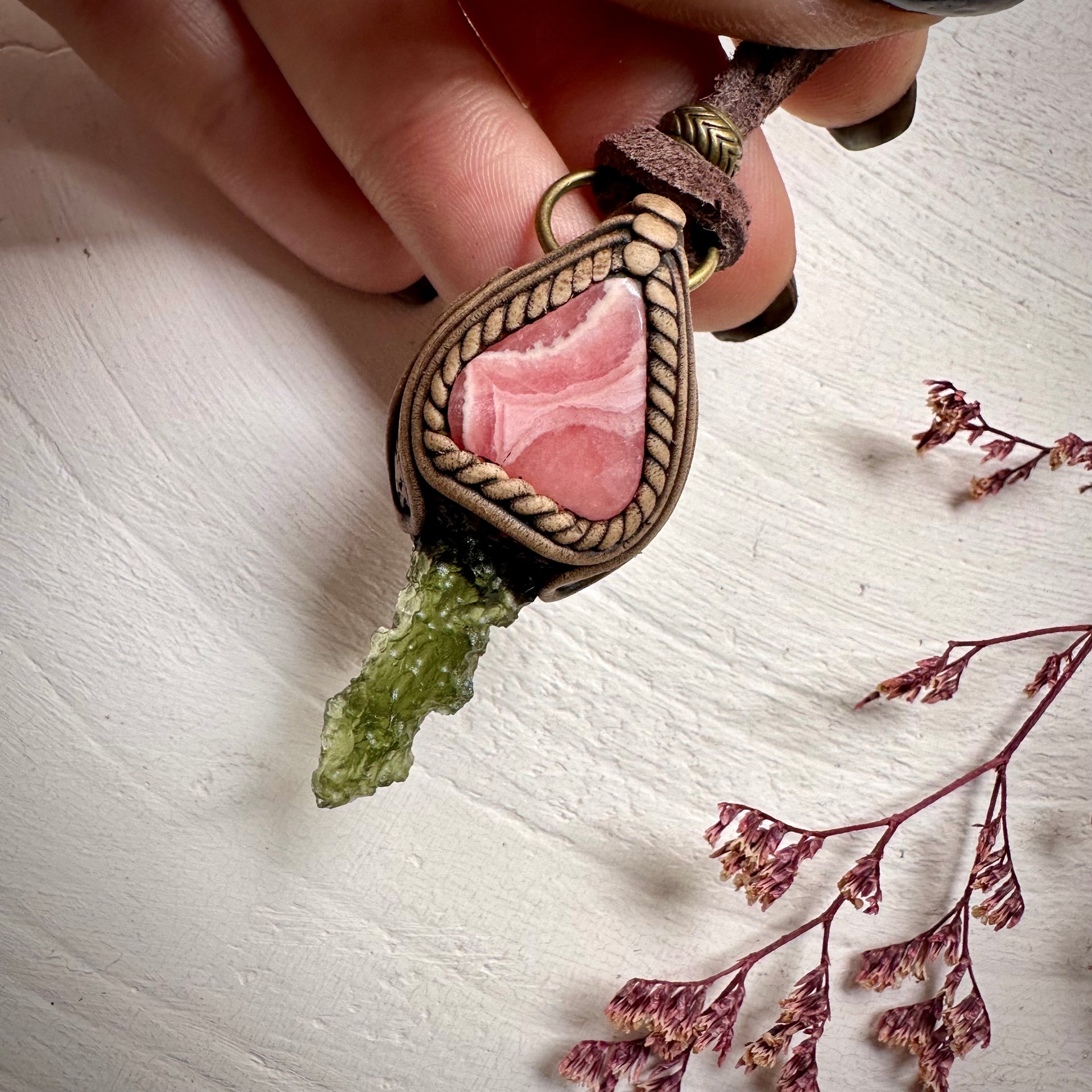 Moldavite and Rhodochrosite Necklace - FairyGardenGlow