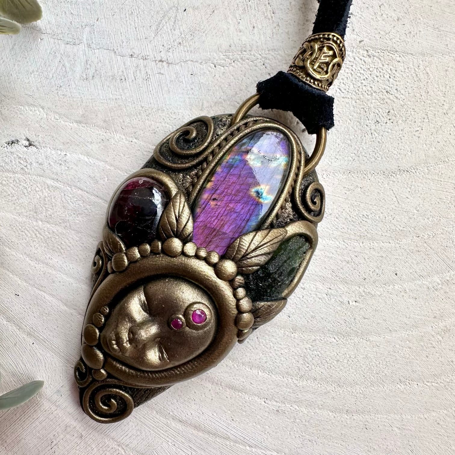 Goddess Necklace with Labradorite, Rhodolite Garnet, Moldavite and Ruby