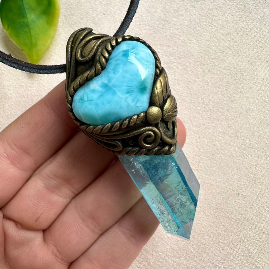 Aqua Aura Quartz and Larimar Heart Necklace, One of a kind Crystal Necklace - FairyGardenGlow